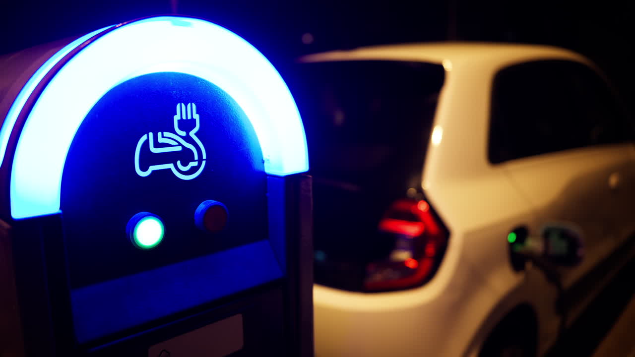White, electric car charging on the street at night