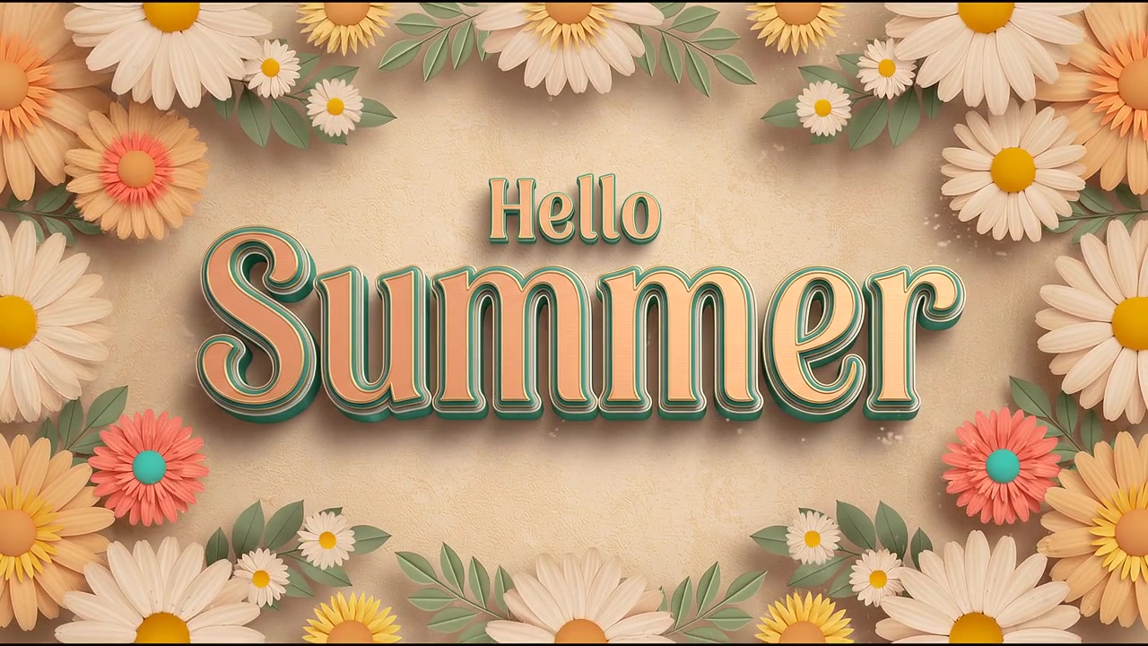 Hello Summer Vintage Floral Text Animation with Daisy Flowers on Beige Background