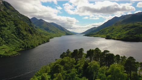 Aerial-View-Of-Loch-Shiel,-Glenfinnan,-Scottish-Highlands,-Scotland,-United-Kingdom