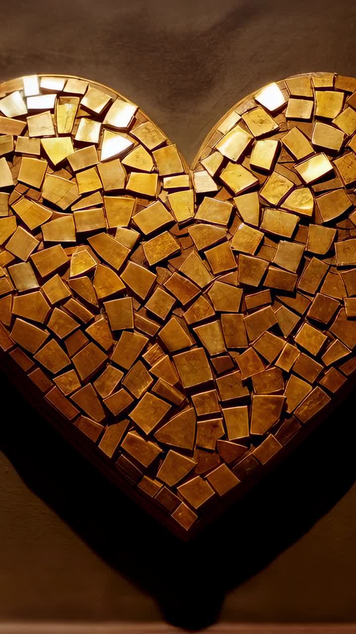 Video verticale: zoom della camera all'inizio che rivela un mosaico a forma di cuore in una galleria che mostra piastrelle dorate e stucco