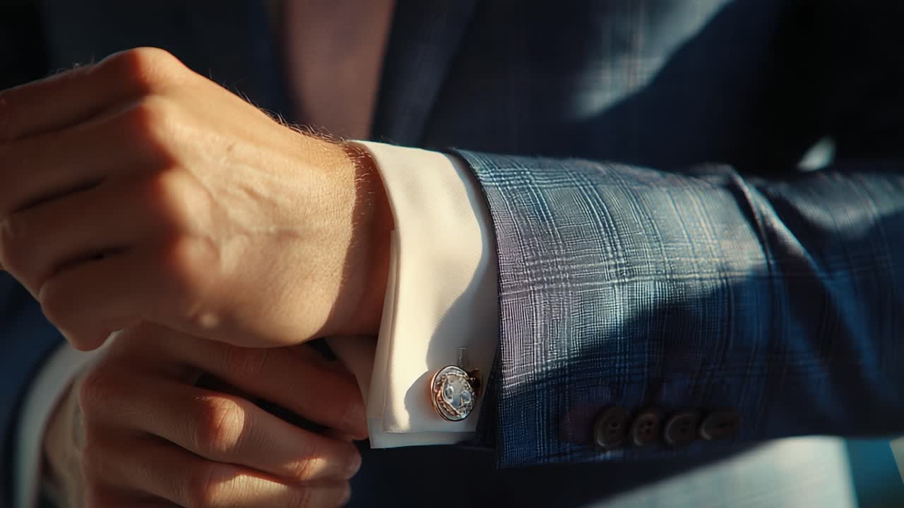 A Gentleman's Touch: Close-Up of Hands Adjusting a Cufflink on a Stylish Suit, Emphasizing Elegance and Sophistication in Attire