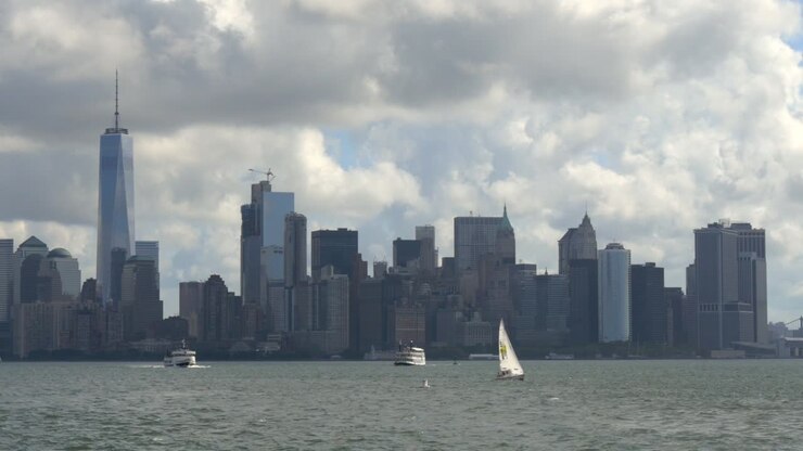 Ships Passing Downtown New York Skyline