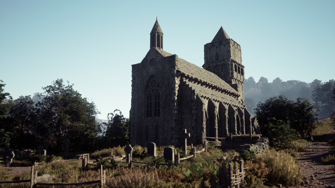 경치 좋은 풍경 에 있는 고대 돌 교회