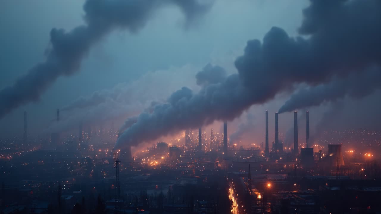 A Stark Contrast of Industrial Power: Illuminated Factories Shrouded in Polluted Smoke Against a Dusk Sky
