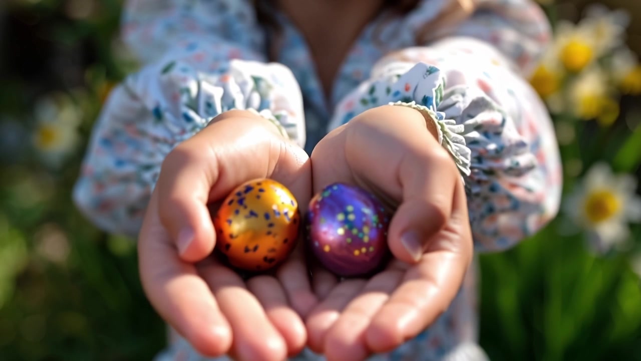 Child's Hands Holding Two Colorful Chocolate Easter Eggs Outdoors
