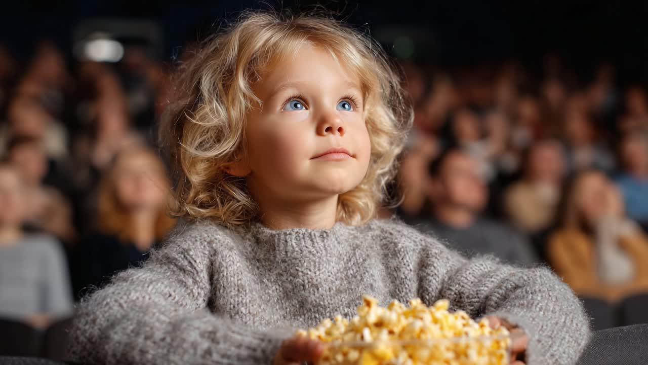 A captivated child watches intently in a theater, holding a bowl of popcorn, immersed in an unforgettable cinematic experience surrounded by an audience