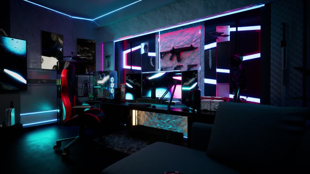 Futuristic Gaming Room Or E-Sports Setup With Neon Lighting
