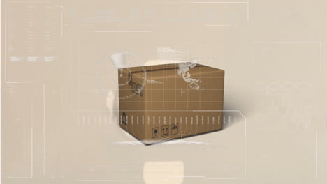 animation of financial data processing over cardboard box on light background