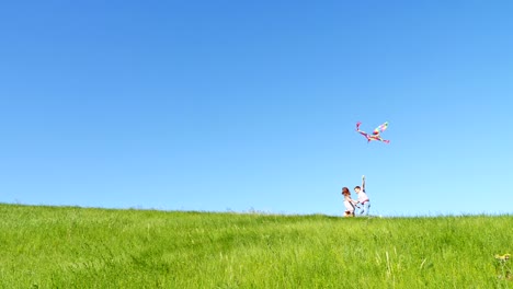 children run along the top of the green hill with a flying kite
