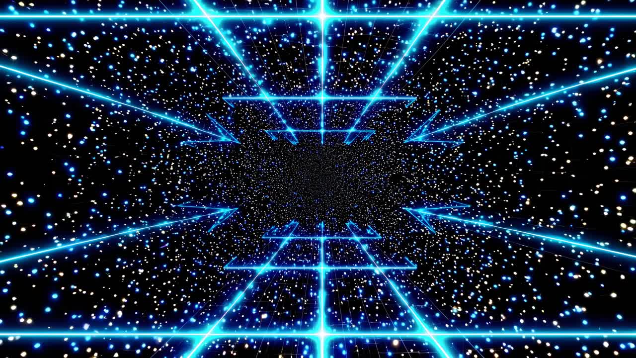 Futuristic video concept with a first-person view of a glowing blue grid tunnel