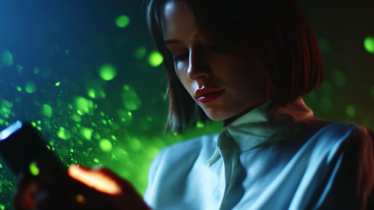 A Captivating Moment with a Woman Deeply Engrossed in Her Phone as Spectacular Green and Blue Light Effects Illuminate the Scene, Creating a Mysterious and Enigmatic Atmosphere