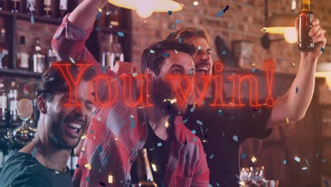 animation von ihnen gewinnen text über glückliche vielfältige freunde mit bier in der bar