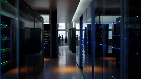 people in a modern data center with server racks and blinking lights