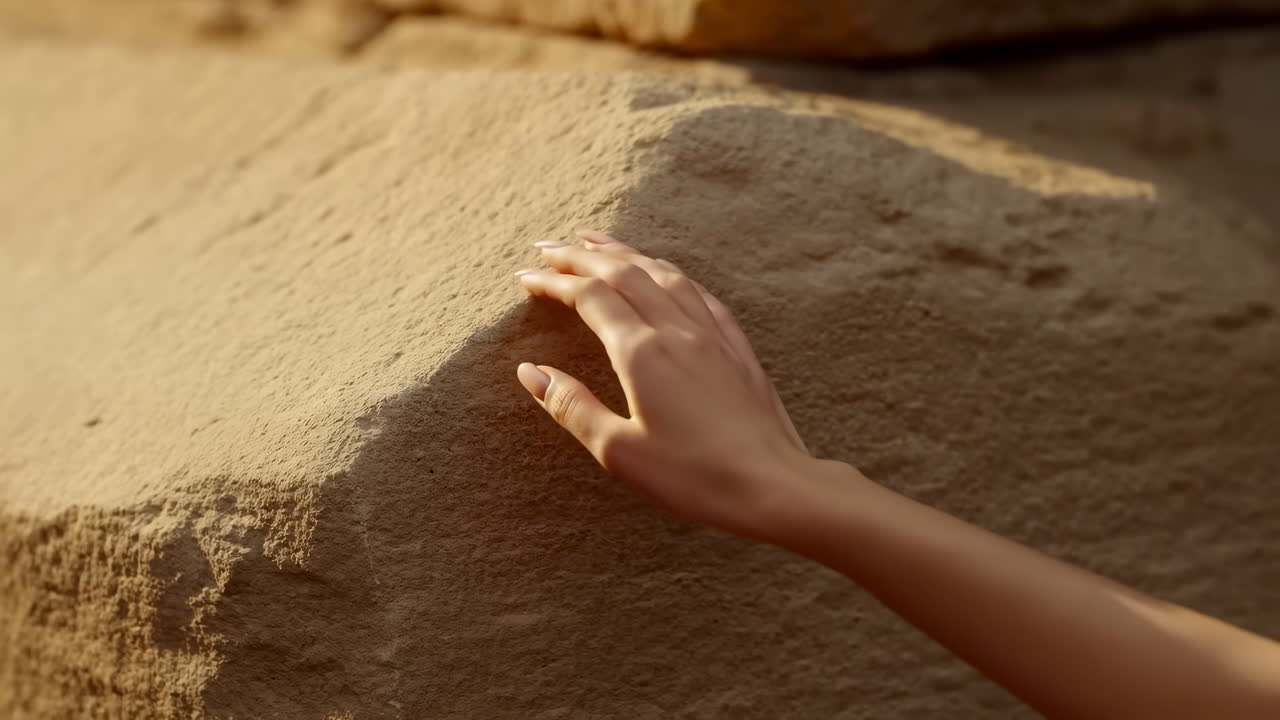 Geologist Hand Touching Sunlit Sandstone Rock, Closeup Texture Study Showing Sand Grain Detail And Surface