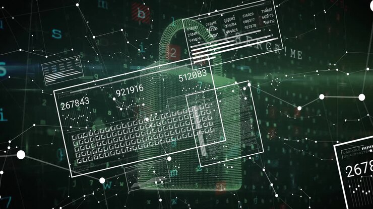 Animation of digital data processing and padlock on dark background