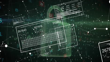 animación del procesamiento de datos digitales y el candado en fondo oscuro