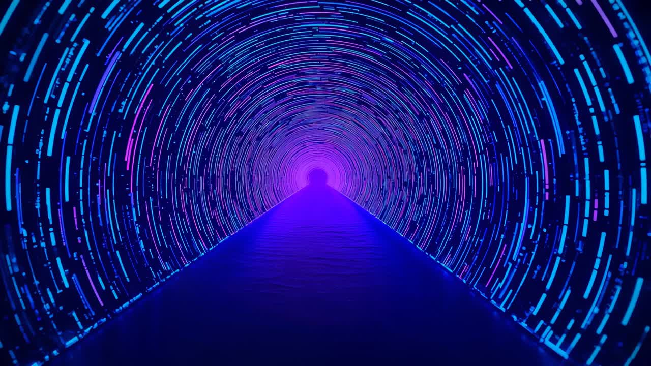 Advancing camera view through neon light tunnel interior on start, with rotating light segments