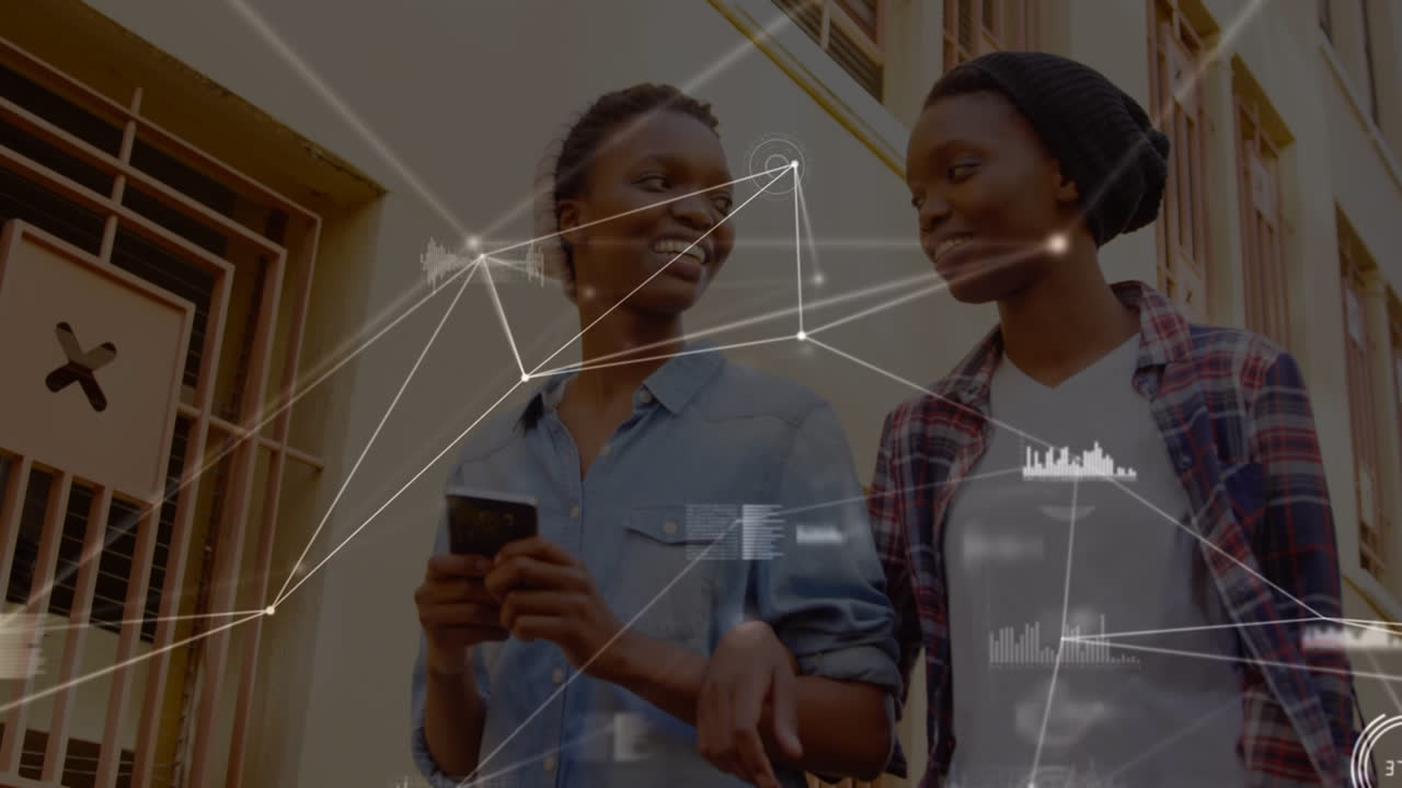 Animation of connections over happy african american female friends with smartphones