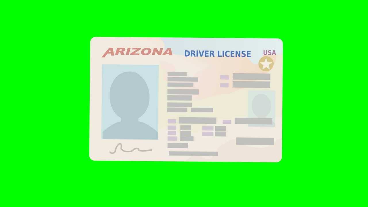 una mano presenta una licencia de conducir de arizona en fondo verde (diseño plano)