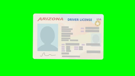 una mano presenta una licencia de conducir de arizona en fondo verde (diseño plano)