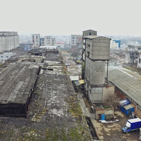 aerial view of an old factory ruin and broken windows. old industrial building for demolition.