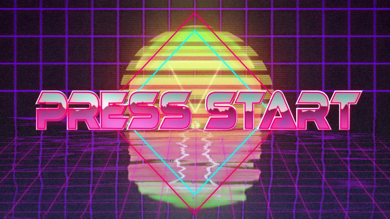 Press Start text animation over retro neon grid and sunset background