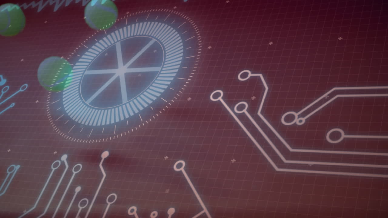 animación de placas de circuitos y procesamiento de datos sobre pelotas de tenis