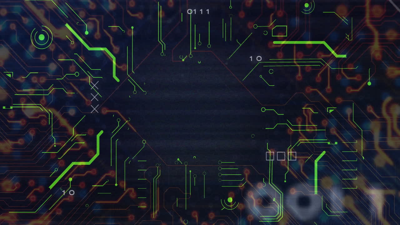 Animation of digital numbers and data processing on circuit board pattern