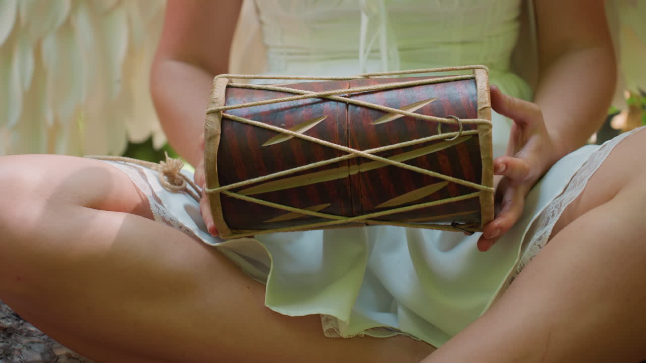 Fairy woman gracefully drops small traditional drum back on forest log, sunlight filtering through wings and trees, highlighting earthy textures of wood and fabric