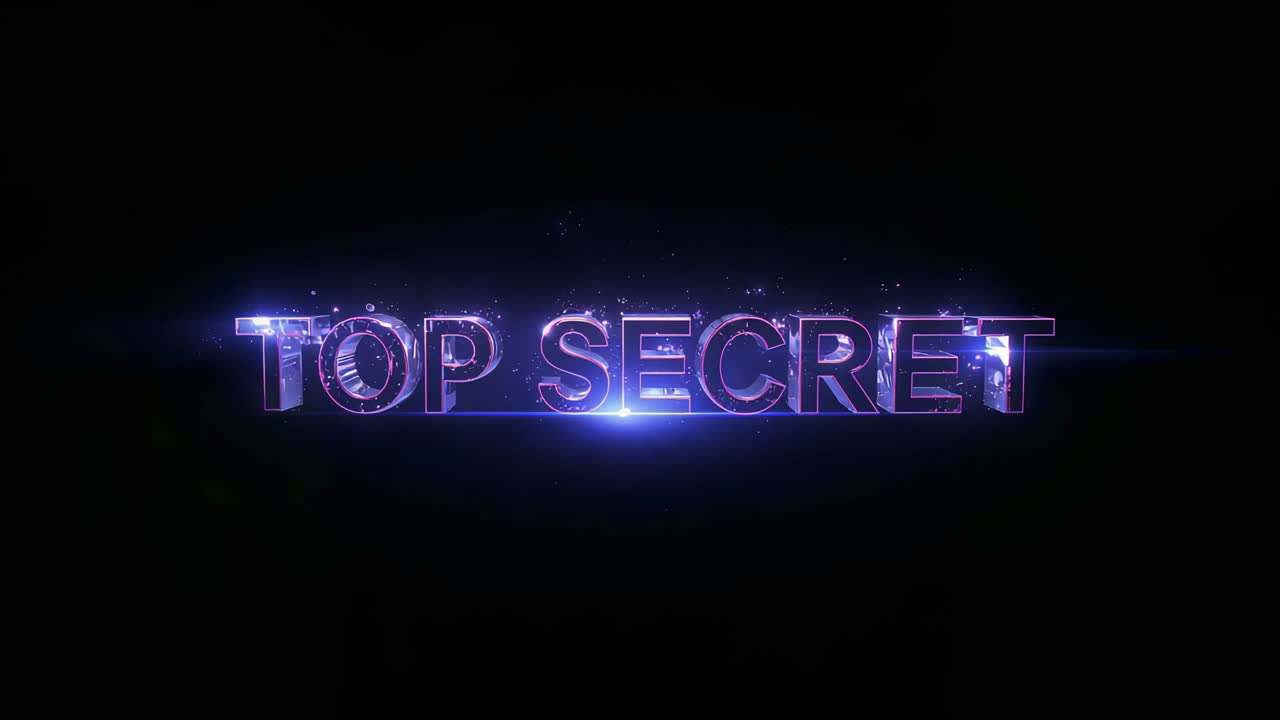 Revealing 3D TOP SECRET title glowing on black backdrop, underline light igniting for reveal