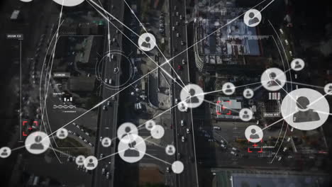 network of connections and data processing animation over aerial city view