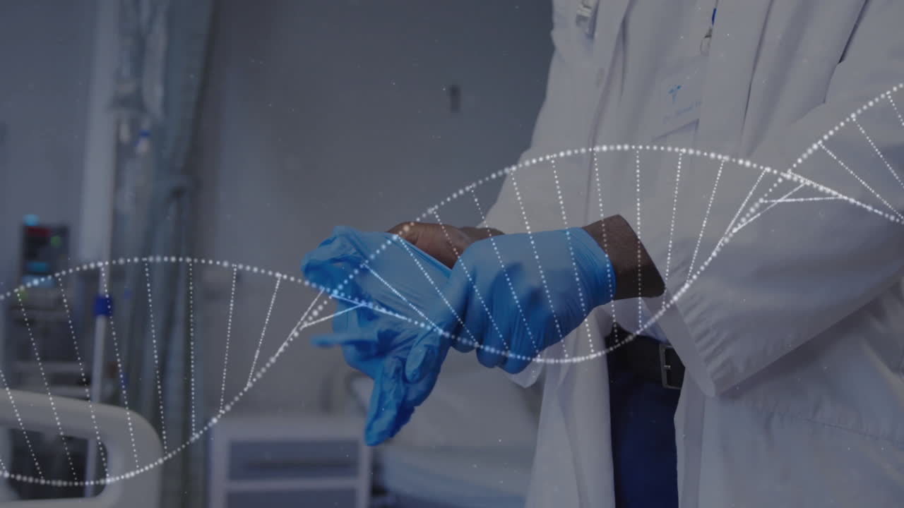 Animation of dna strands and data processing over african american male doctor in hospital
