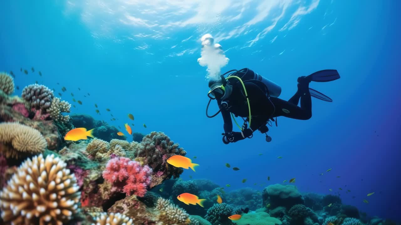 Underwater video scene of a scuba diver exploring vibrant coral reefs