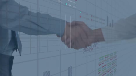 animación de múltiples gráficos y tablero de negociación sobre la sección media de los empresarios que se dan la mano