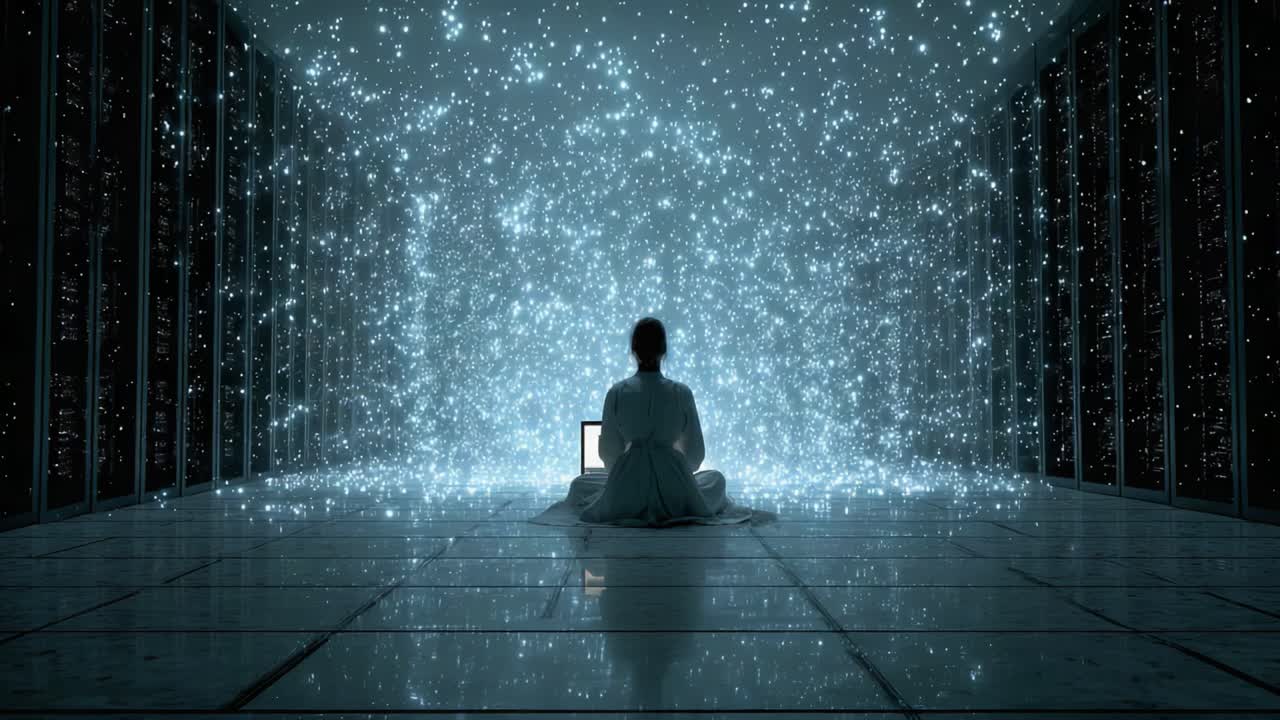 A Meditative Figure Engaged with a Digital Universe, Surrounded by Sparkling Particles in a Surreal, Futuristic Environment