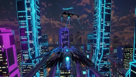 futuristic cyberpunk cityscape with flying vehicles