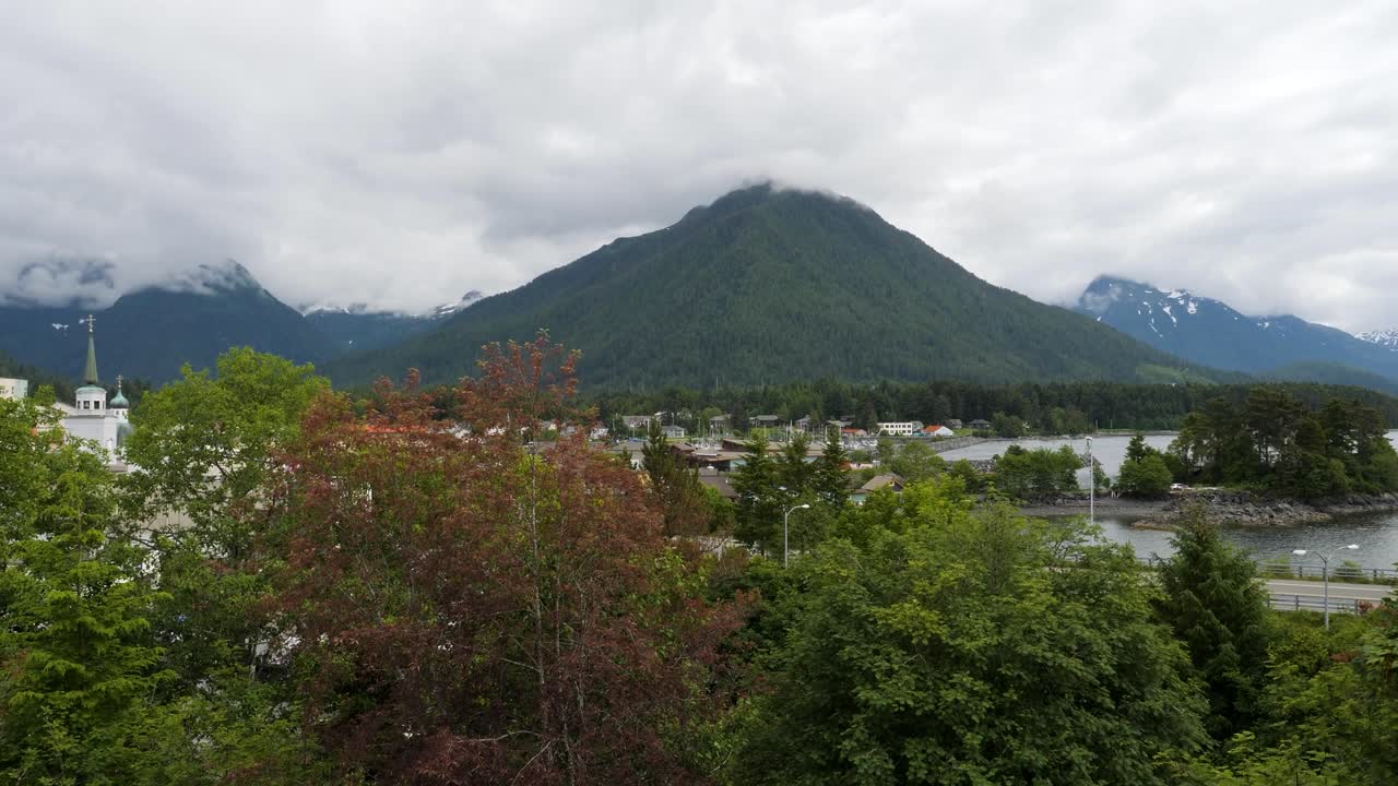 Beautiful landscape viewed from the Baranof Castle State Historic Site.Mounts Verstovia and Picnic Rock covered by dense fog, Sitka, Alaska.