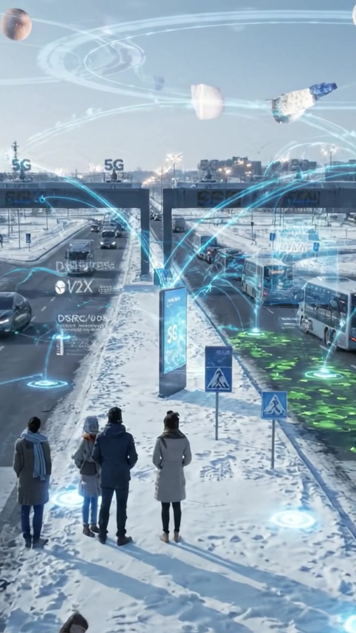 Un incrocio futuristico in inverno che mostra scorci di trasporto intelligente con autobus, veicoli e funzionalità digitali su una strada coperta di neve, circondato dalla vita urbana.