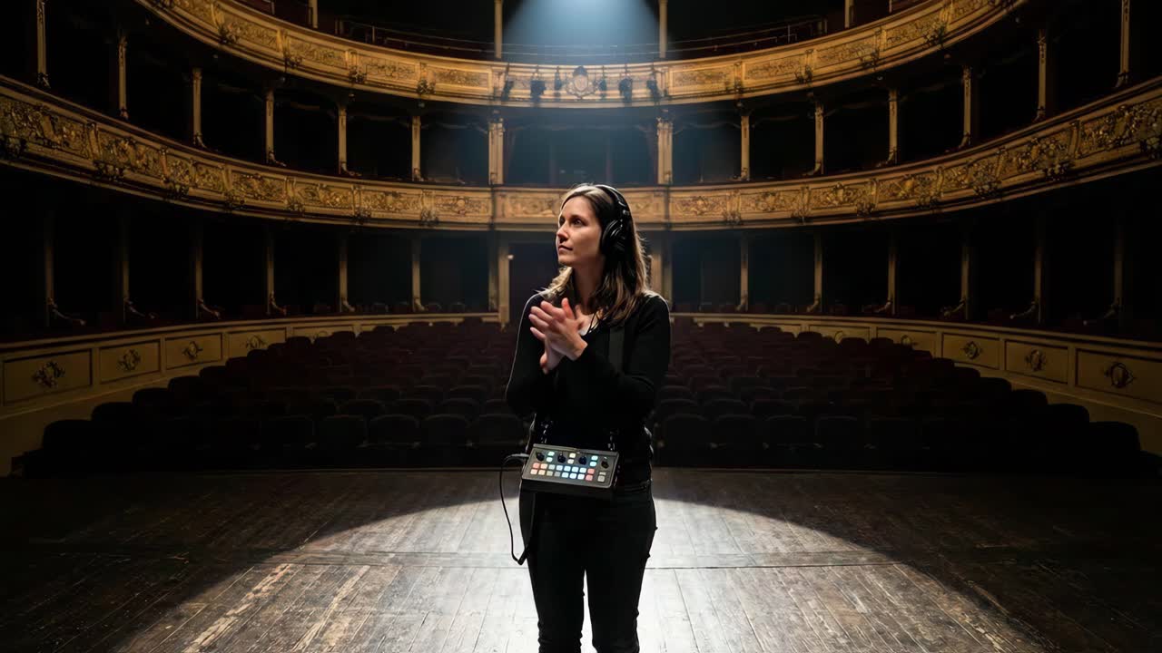 Donna sul palco con le cuffie