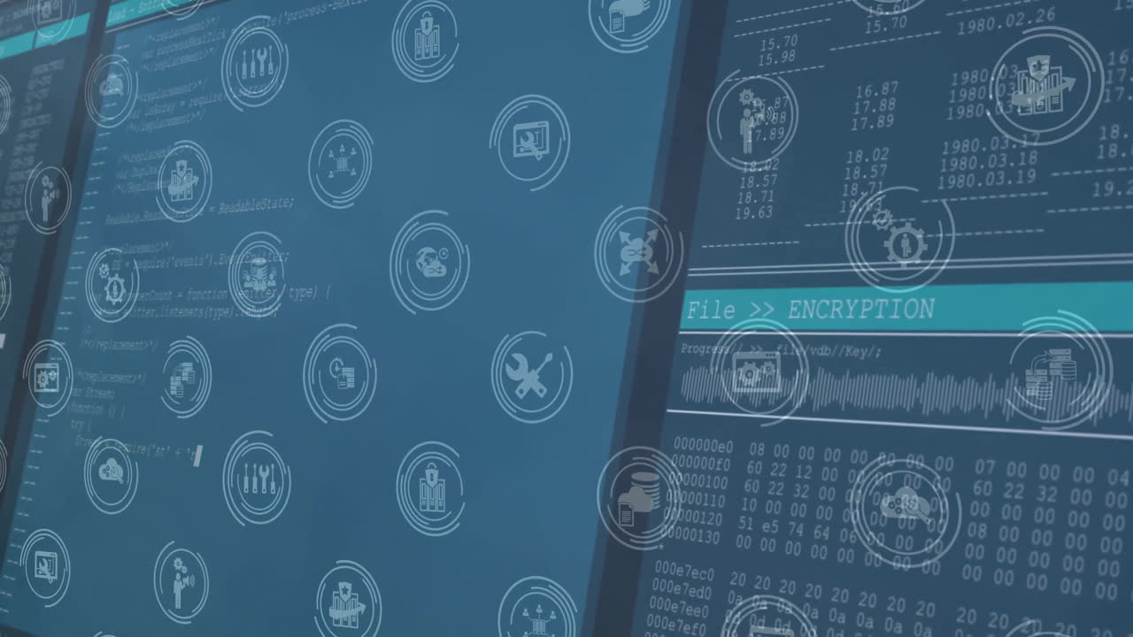 animación de procesamiento de datos e íconos comerciales en pantallas digitales