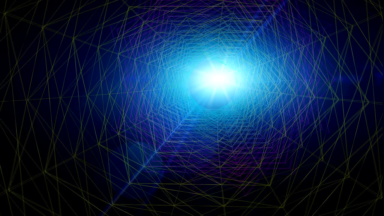 colorido túnel gráfico de marco de alambre moviéndose hacia adelante a la animación de llamaradas solares.