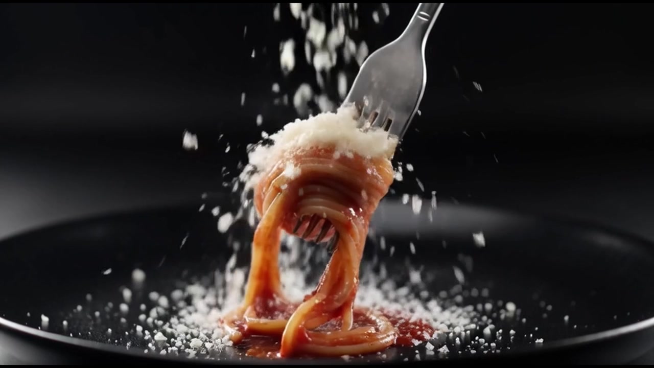 フォークに巻かれたスパゲッティにかかるパルメザンチーズ