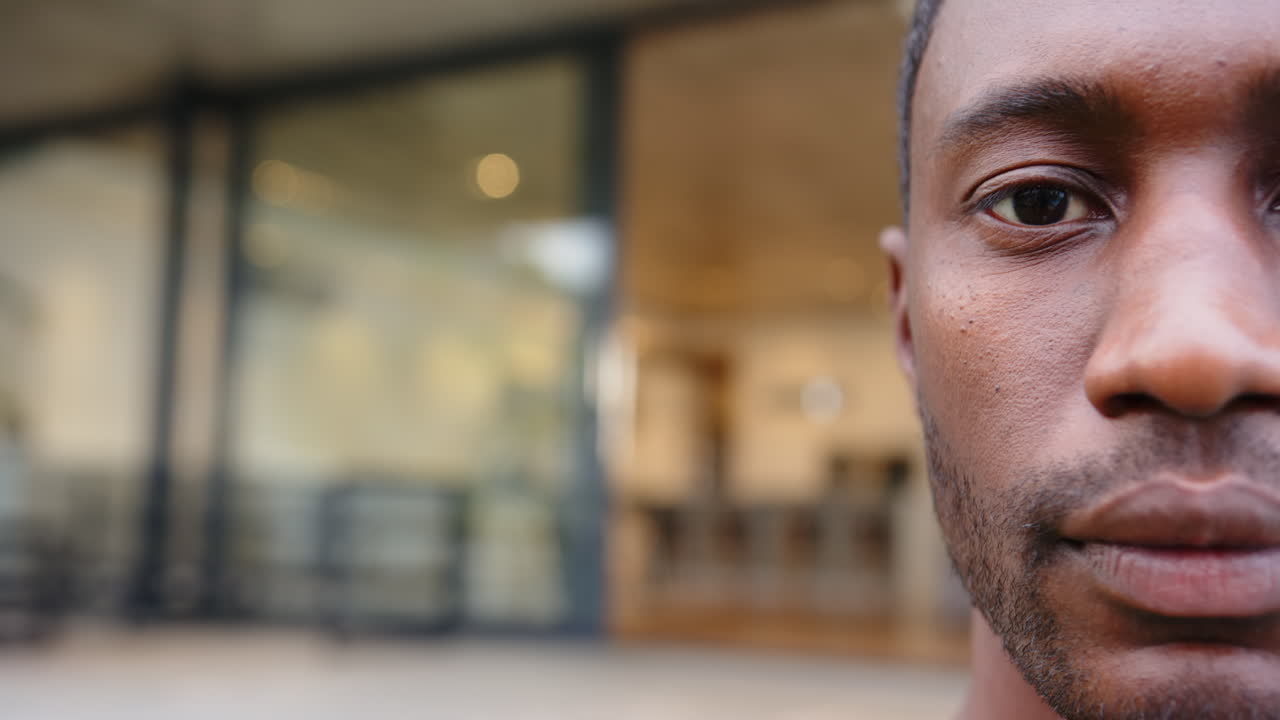 Close-up of person's face with clear skin and bright eyes, at home, copy space