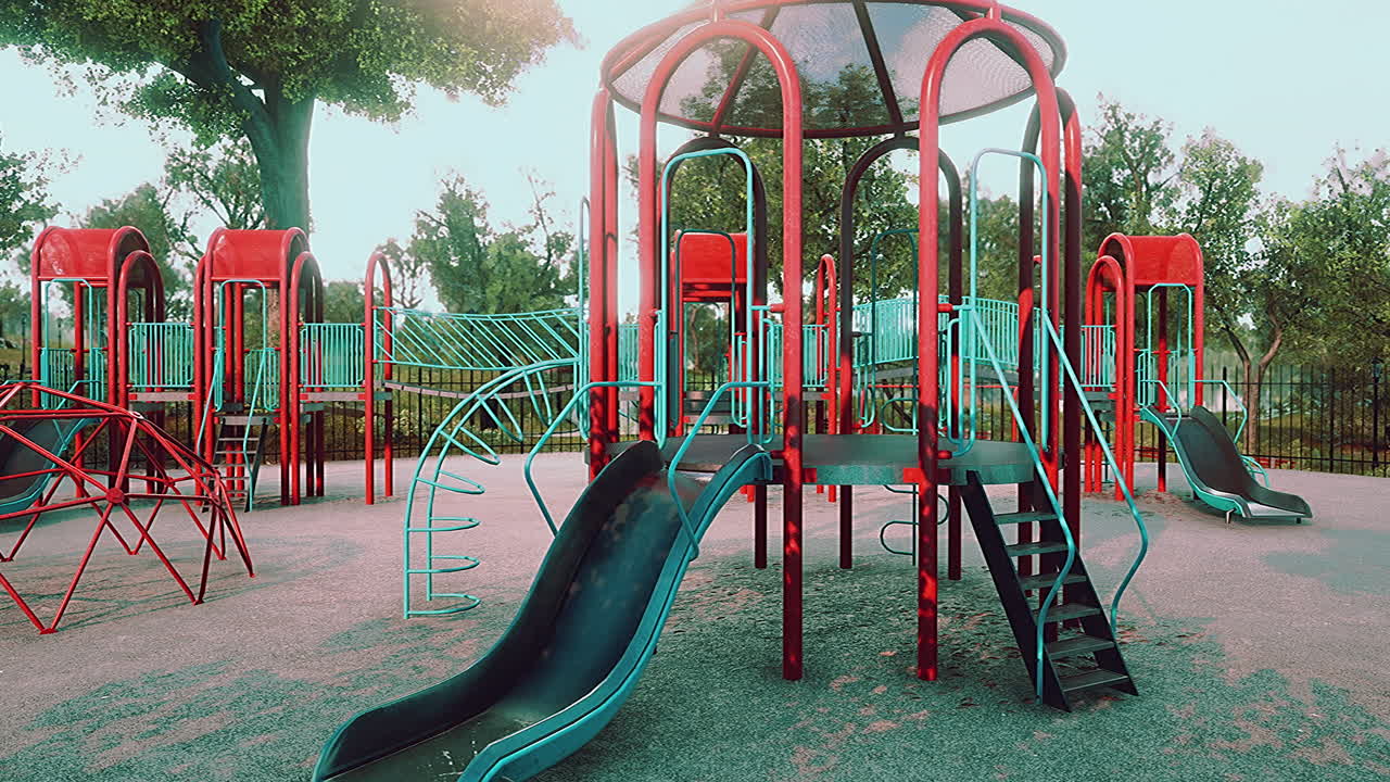Empty swings on summer kids playground