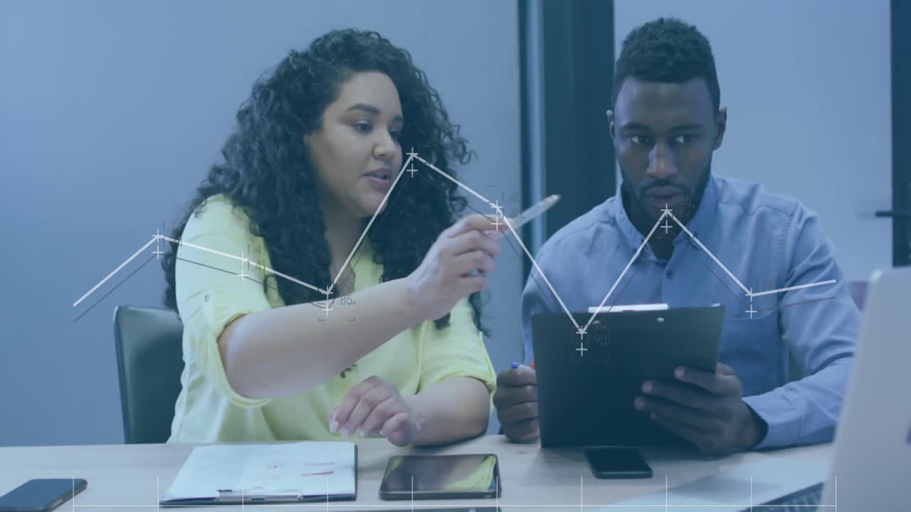 Animation of network of connections and data processing over business people in office