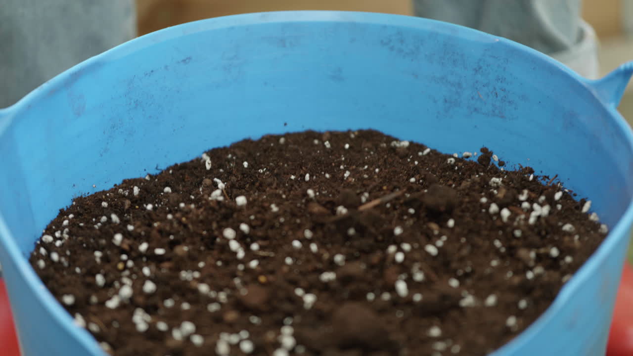 A blue container drops into frame that holds dark soil mixed with perlite, ideal for starting seeds. This setup prepares for planting in a spring garden