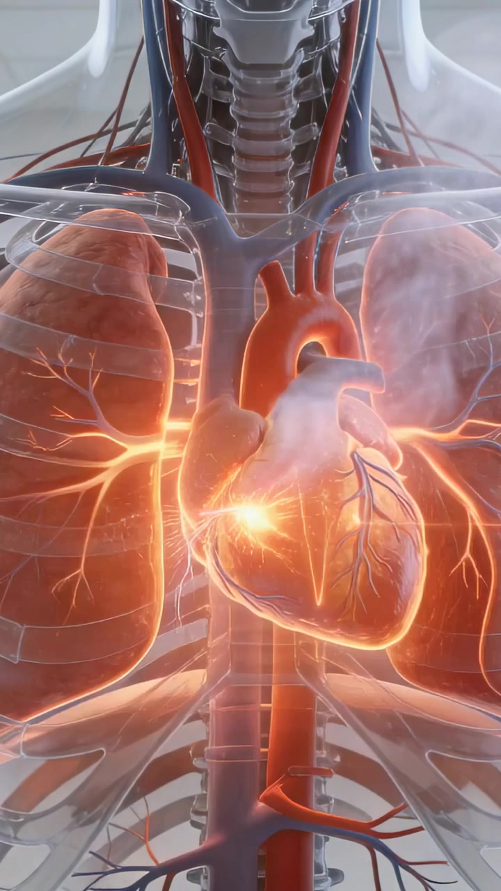 Video verticale: ECG pulsante che fa pulsare un cuore ed emette vapore in un torace 3D, coronaria luminosa