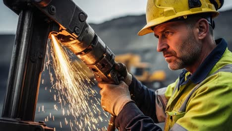 intense close-up of construction worker operating heavy machinery with sparks flying, capturing the focus and precision required in industrial environments