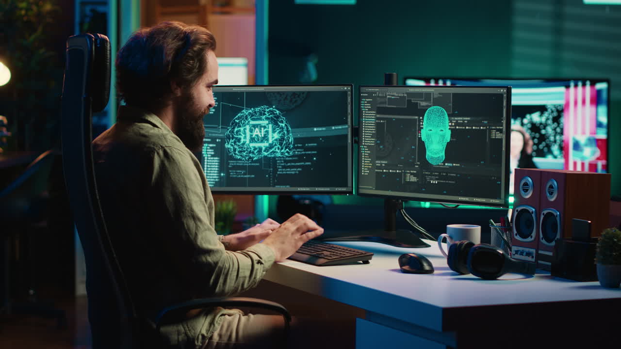 Man programing sentient artificial intelligence, creation myth concept