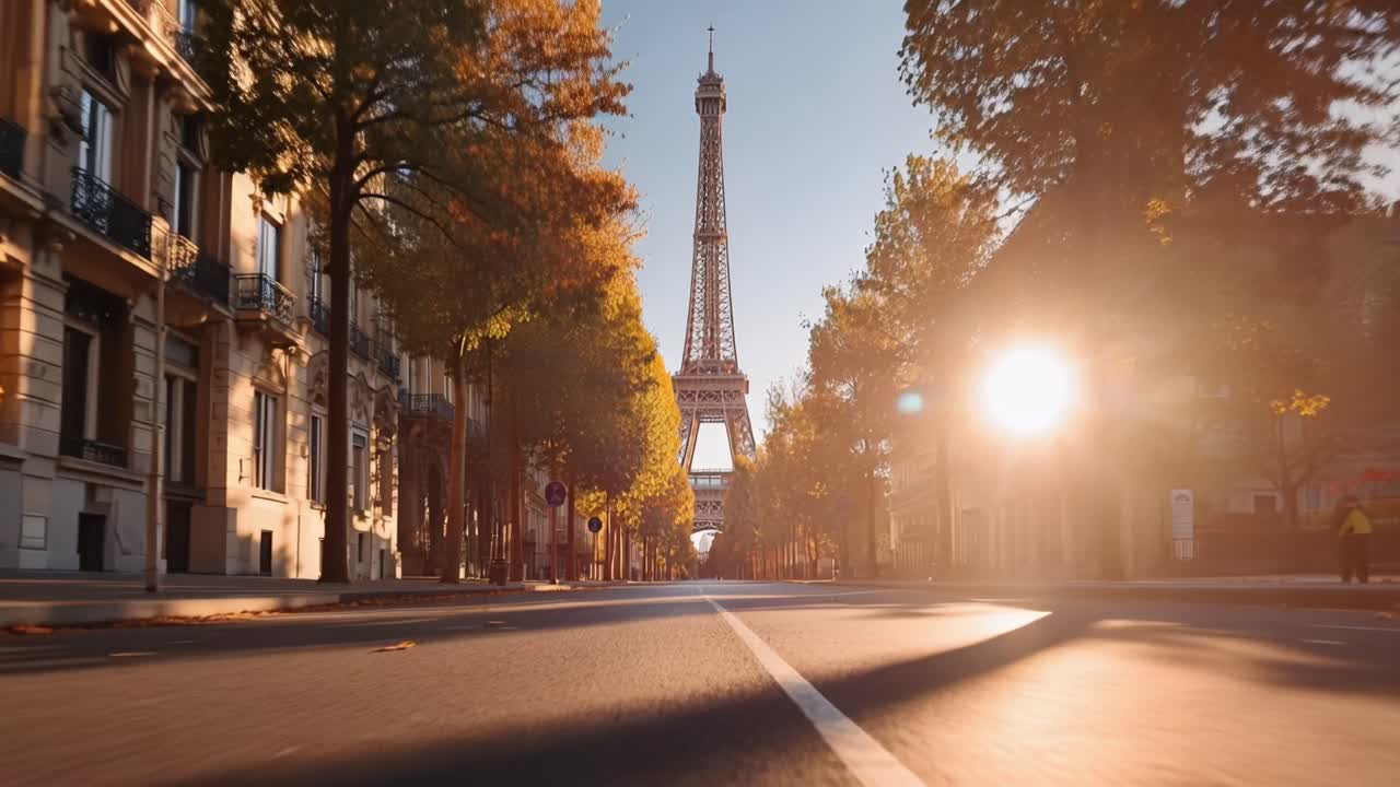 La luce del sole inonda una strada parigina vuota costeggiata da alberi autunnali. La Torre Eiffel si erge in lontananza, incorniciata da foglie dorate. La strada si estende in avanti, silenziosa, invitante e serena.